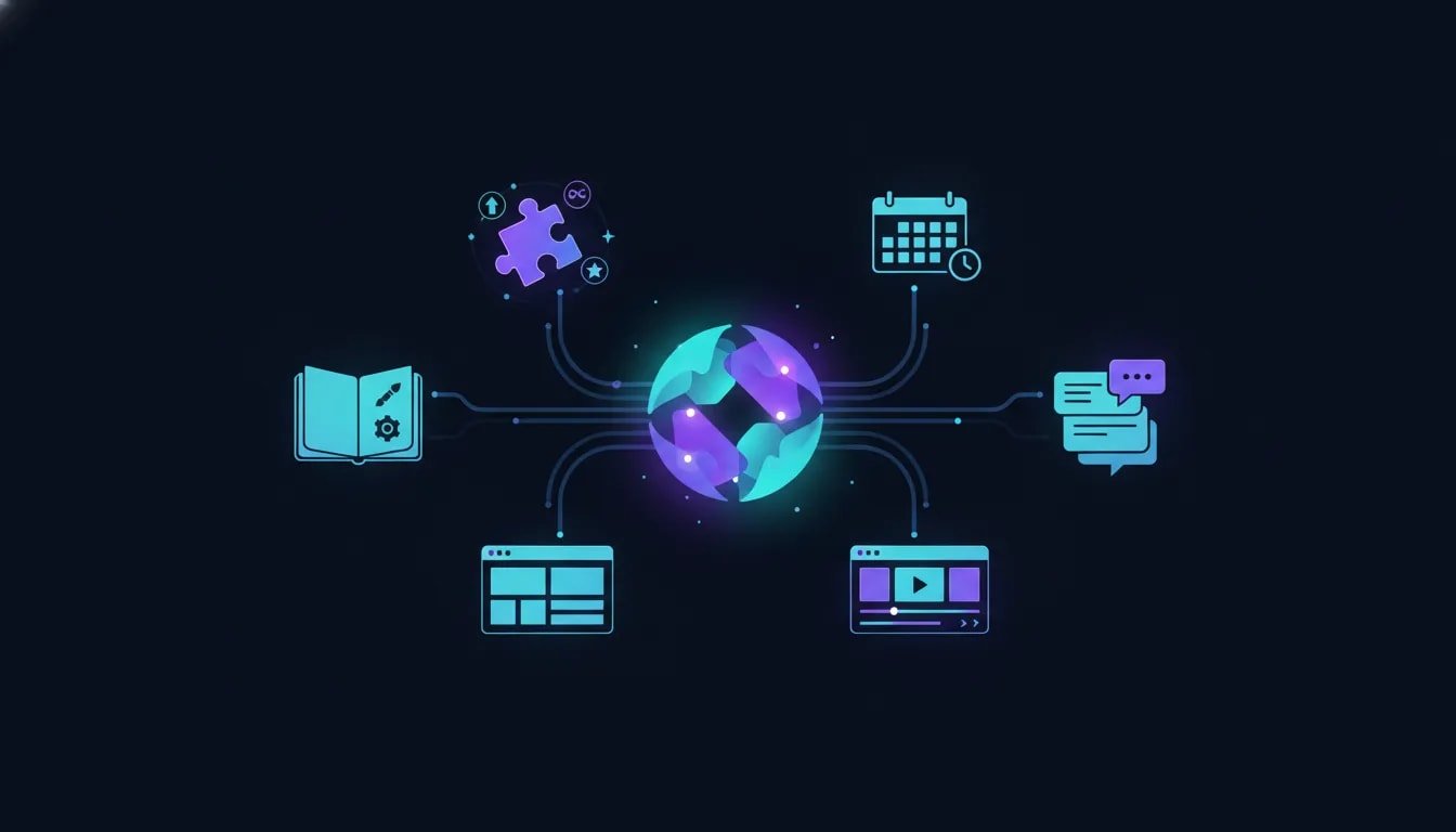 Futuristic illustration of an AI core connected to notebook, browser, video, skills, and schedule modules representing Google Gemini updates.