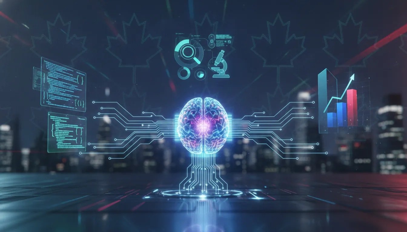 Futuristic wordless illustration of an advanced AI core powering coding, research, and business through glowing holographic pathways with Canadian-inspired lighting accents.