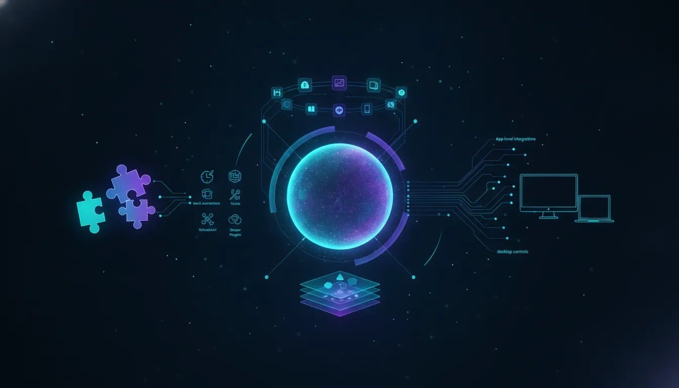 Futuristic holographic AI core surrounded by connected workflow icons symbolizing hidden ChatGPT 5.6 features like automation, scheduled tasks, plugins, and desktop integrations.
