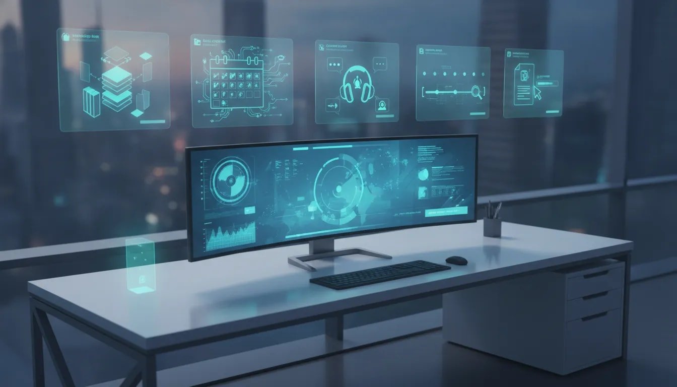 Futuristic illustration showing five interconnected hidden-gem AI productivity tools with holographic icons for knowledge base, social planning, customer support, searchable meetings, and AI embedded in text work.