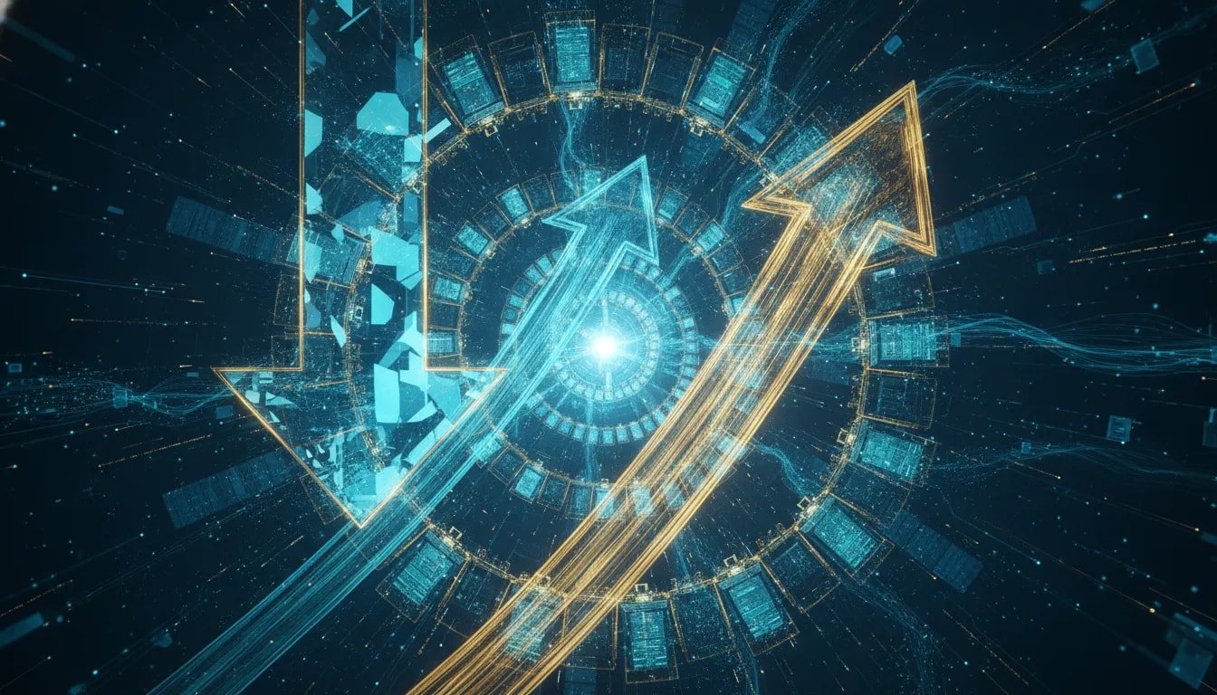 Futuristic illustration of recursive AI self-improvement with a glowing network core and a downward discount-style arrow, symbolizing lower AI serving costs and a new era of efficiency.