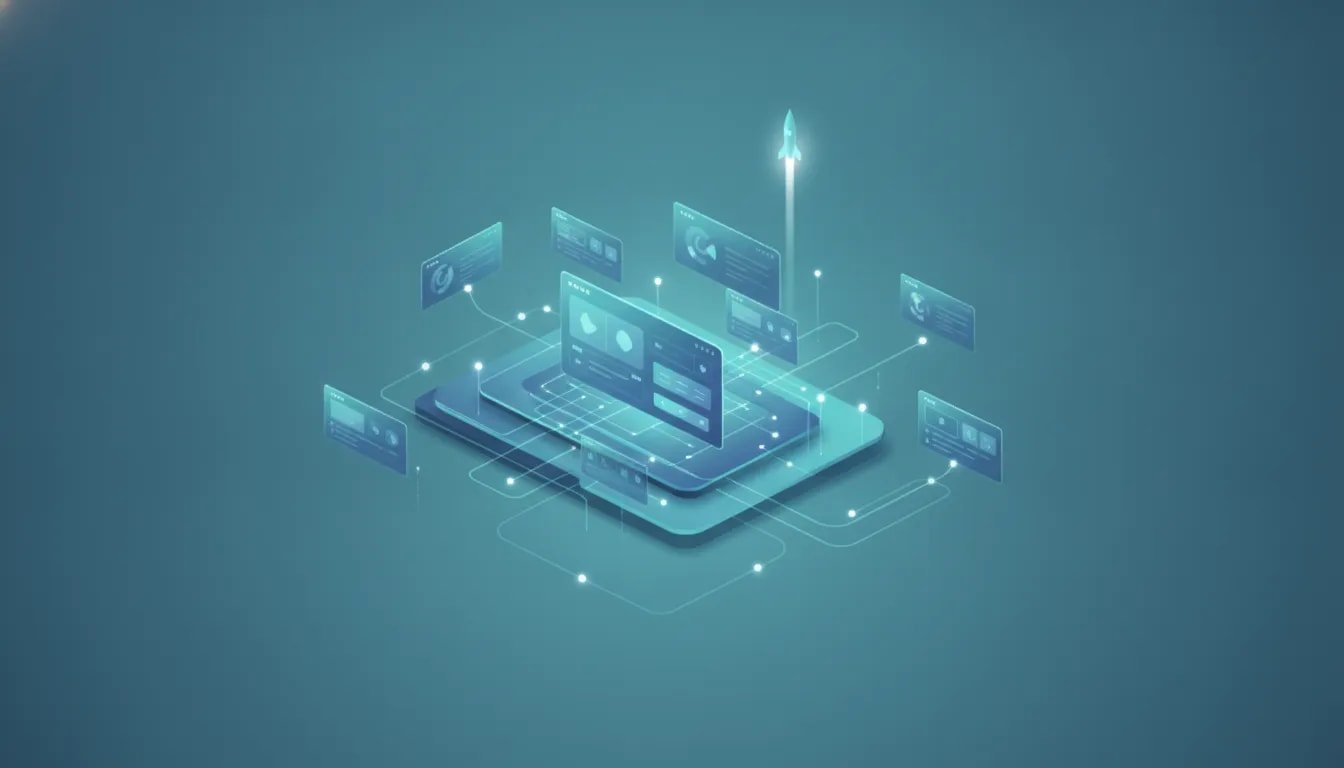 Abstract illustration of a no-code AI app builder with connected dashboard, database cards, and workflow automation visualized by glowing lines
