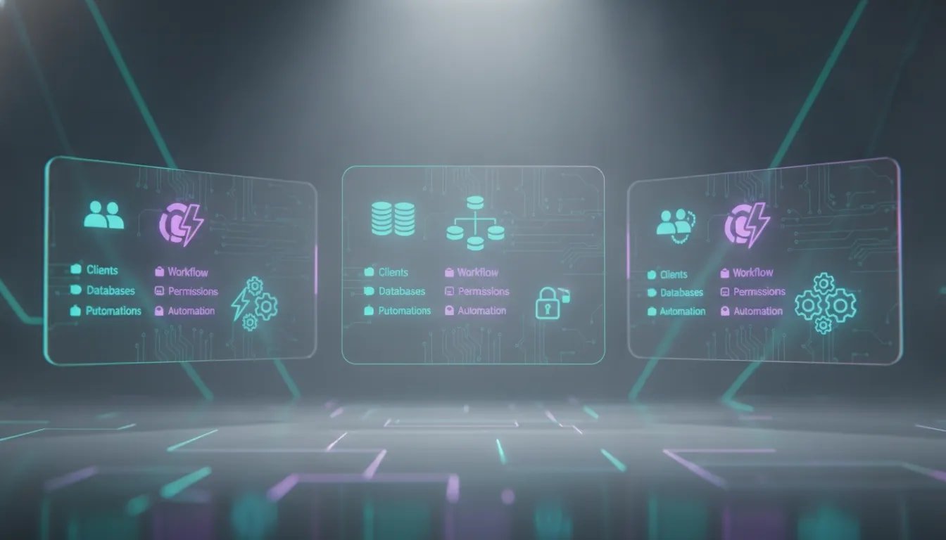 Futuristic dashboard illustration showing three AI app builder panels with abstract icons for clients, databases, workflows, permissions, and automation.