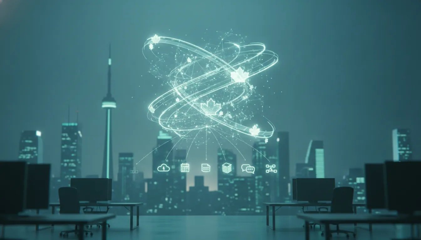 Illustration of agentic AI nodes and data streams over a Canadian city skyline connected to cloud and business workflow icons, symbolizing collaborative everyday work.