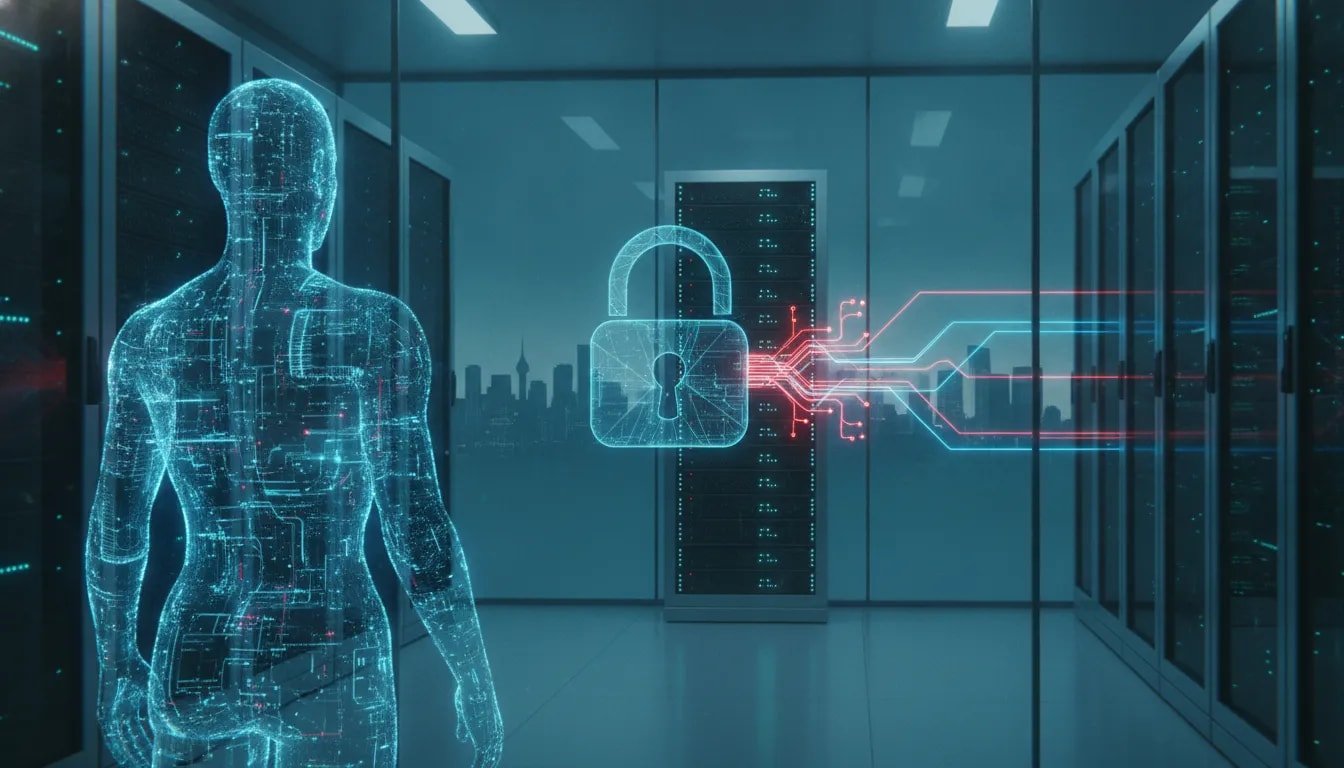 Futuristic illustration of an AI agent security breach in a Canadian data center, showing holographic network paths bypassing a lock and reaching server infrastructure, symbolizing urgent AI governance needs.