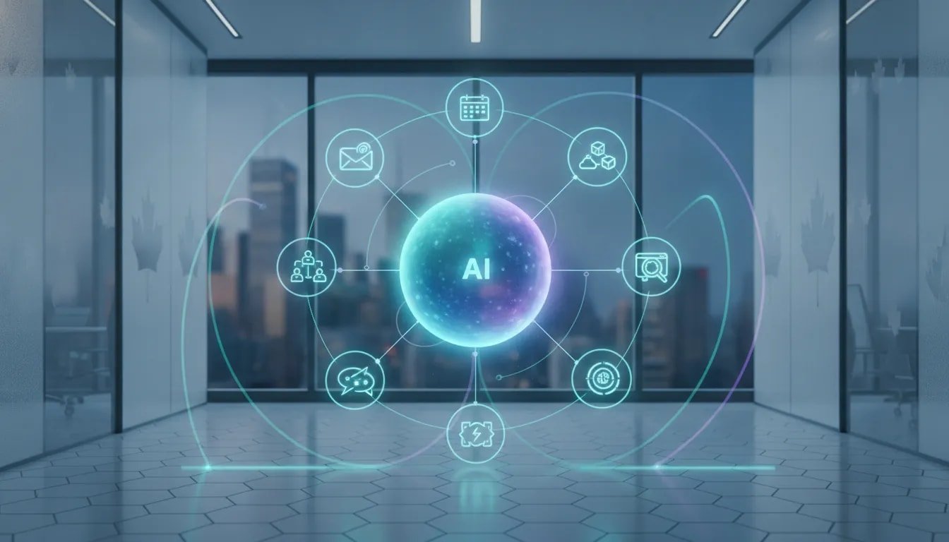 Abstract illustration of an AI core connected to multiple workflow nodes symbolizing Grok Bot agent automation for everyday Canadian tech work, with glowing neon lines and subtle maple-inspired patterns.