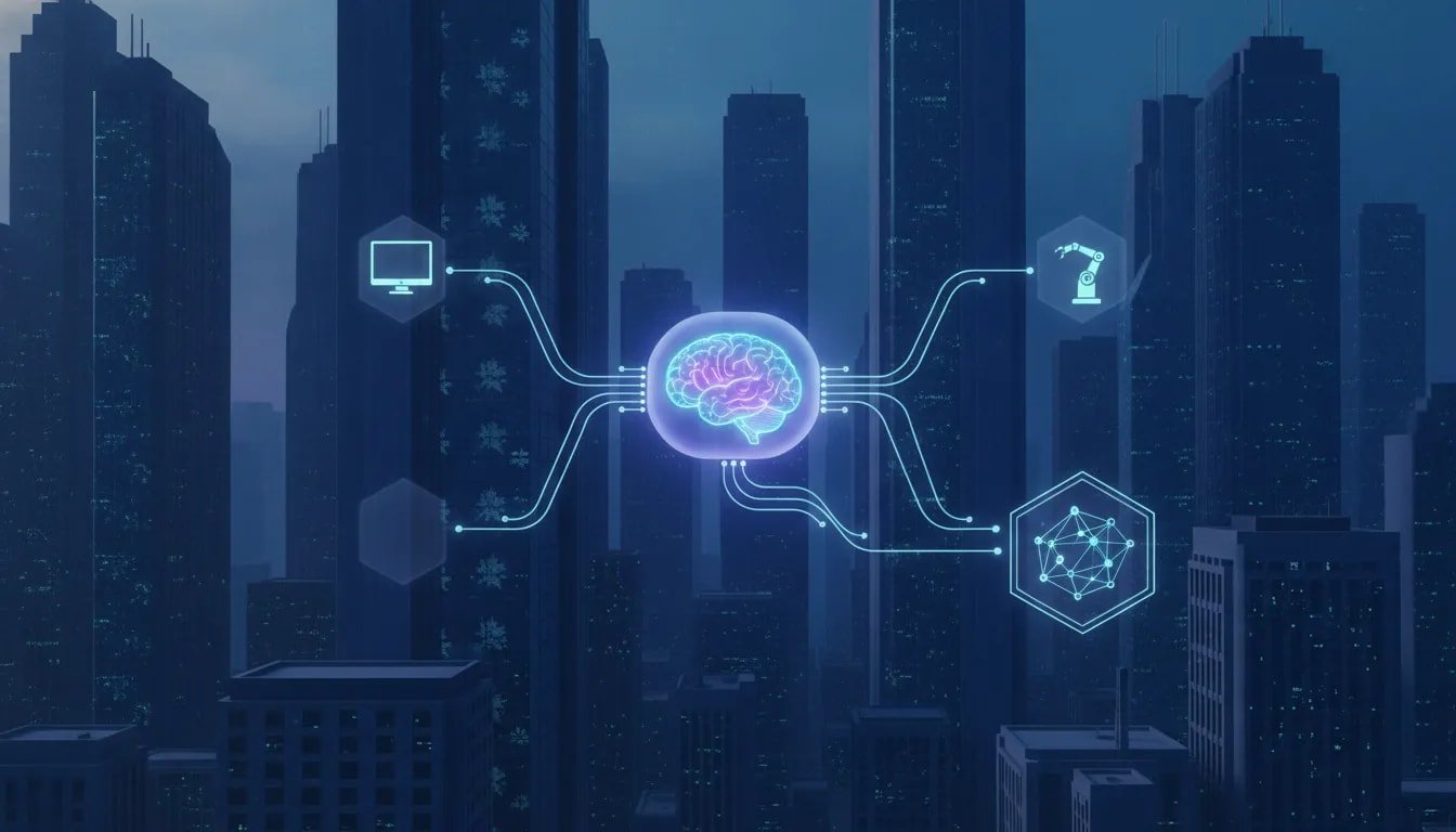 Futuristic illustration of a glowing AI core with connected agent threads extending to computer, automation, and research network elements, suggesting autonomous research and persistent AI skills in a modern Canadian tech atmosphere.