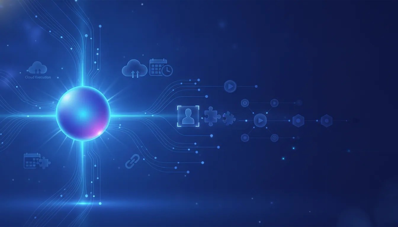 Abstract illustration of AI automating tasks with scheduled routines, cloud execution, recorded skills, and connected app workflows, rendered without any text.