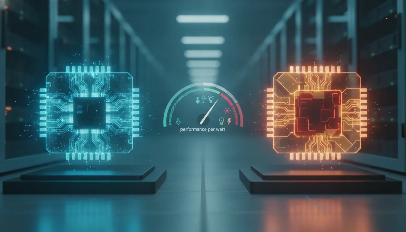 Futuristic AI data center illustration with glowing rival microchips and an abstract energy-efficiency gauge representing performance per watt.