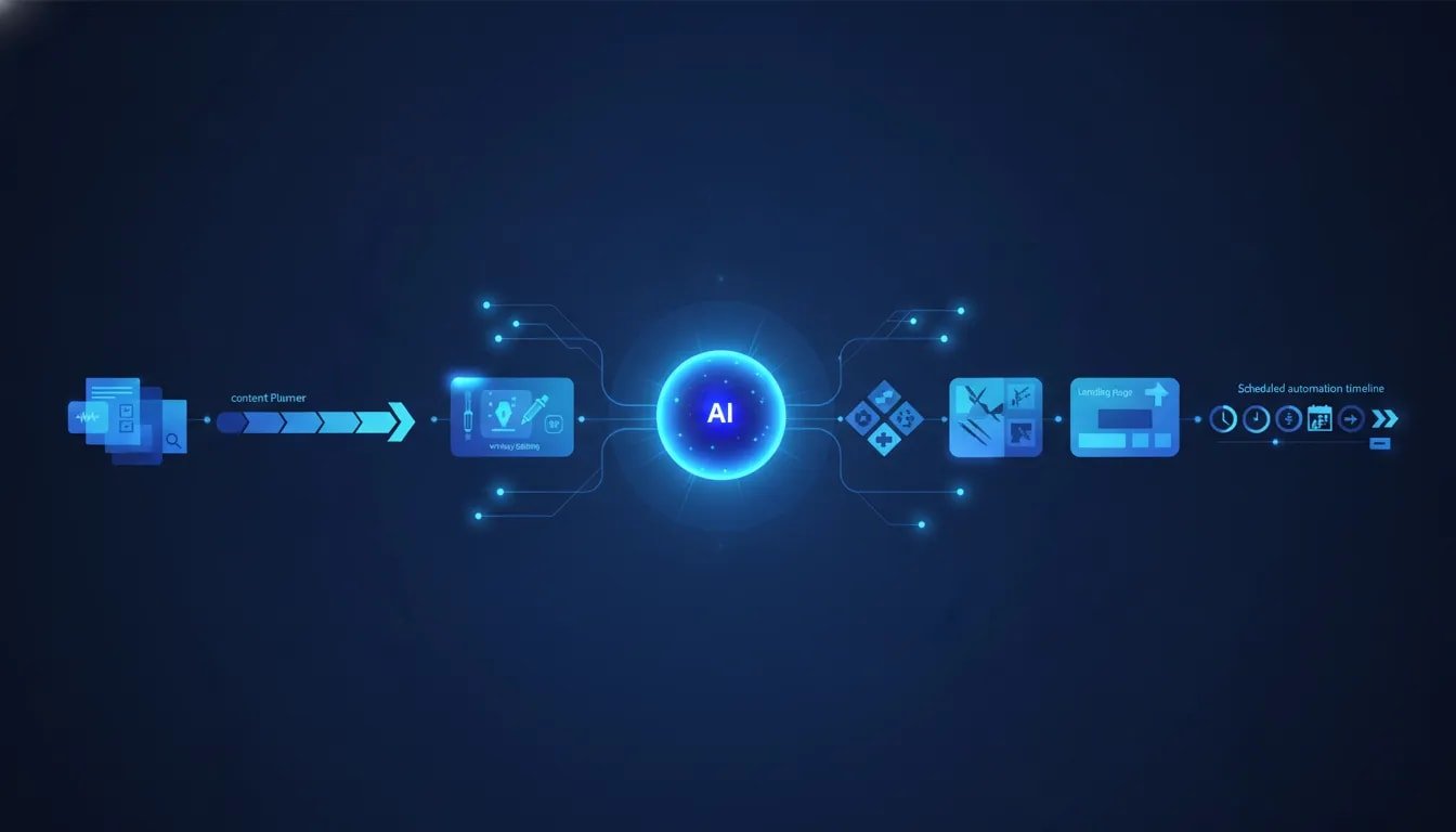 Illustration showing an AI automation workflow connecting research, content creation, repurposing, ad creative, landing pages, and scheduled marketing tasks in a connected tech workspace.