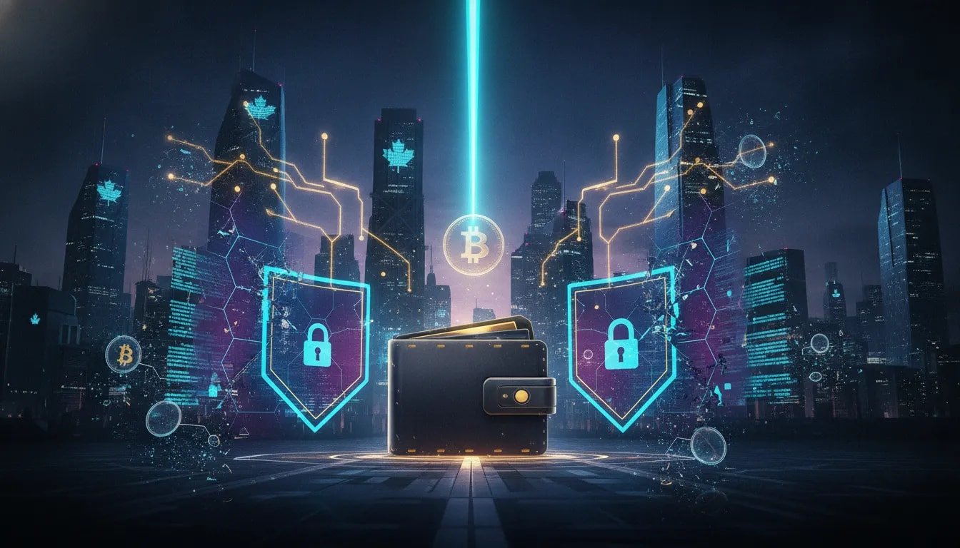 Futuristic illustration showing AI scanning for crypto and cybersecurity vulnerabilities with a glowing hardware wallet, encrypted shields, and a dramatic attempted theft.