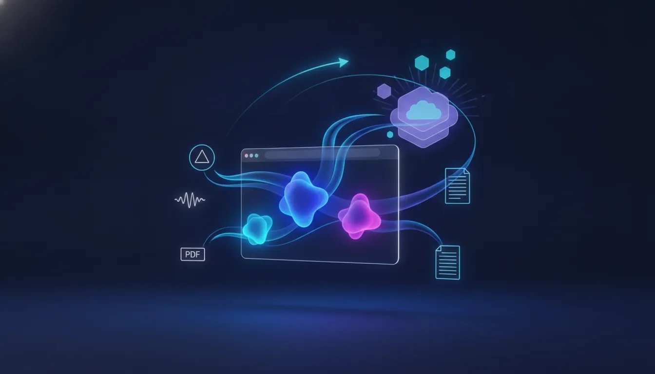 A futuristic browser extension visual showing holographic data flowing into three AI cores and merging into a unified personal knowledge base cloud, with abstract video, podcast, PDF, and note symbols.