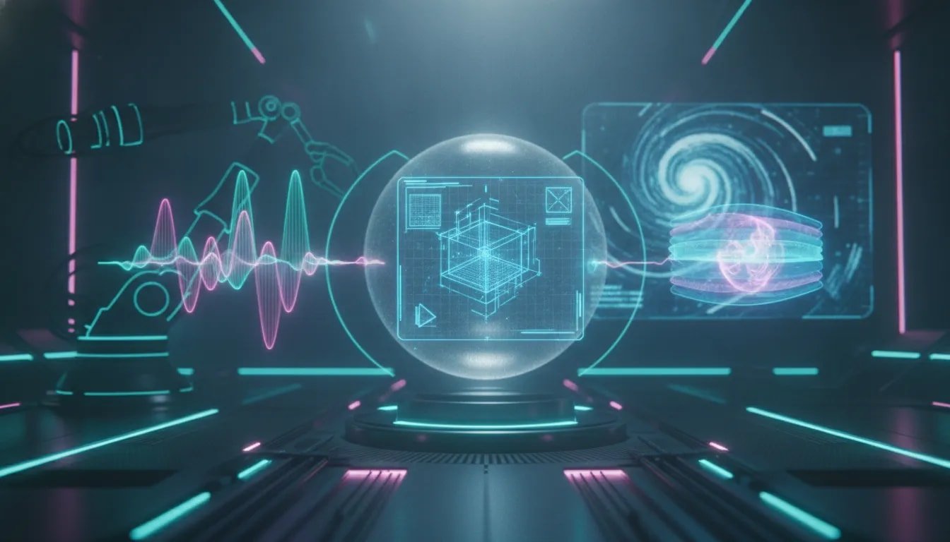 Cinematic 3D holographic scene representing AI advancements in music generation, CAD design, medical imaging, robotics, and storm forecasting with no text.