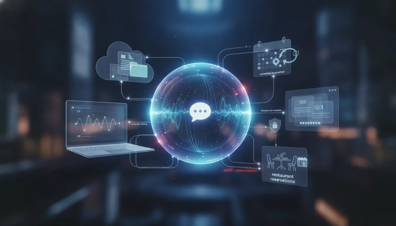 Illustration of a central AI hub connected to visual icons for computer history, file access, scheduling automation, quizzes, restaurant reservations, and permissions—no text.