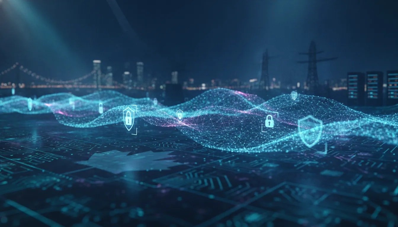 Abstract neural wave representing the next AI model era flowing through Canadian cybersecurity infrastructure with holographic shields and secure network locks