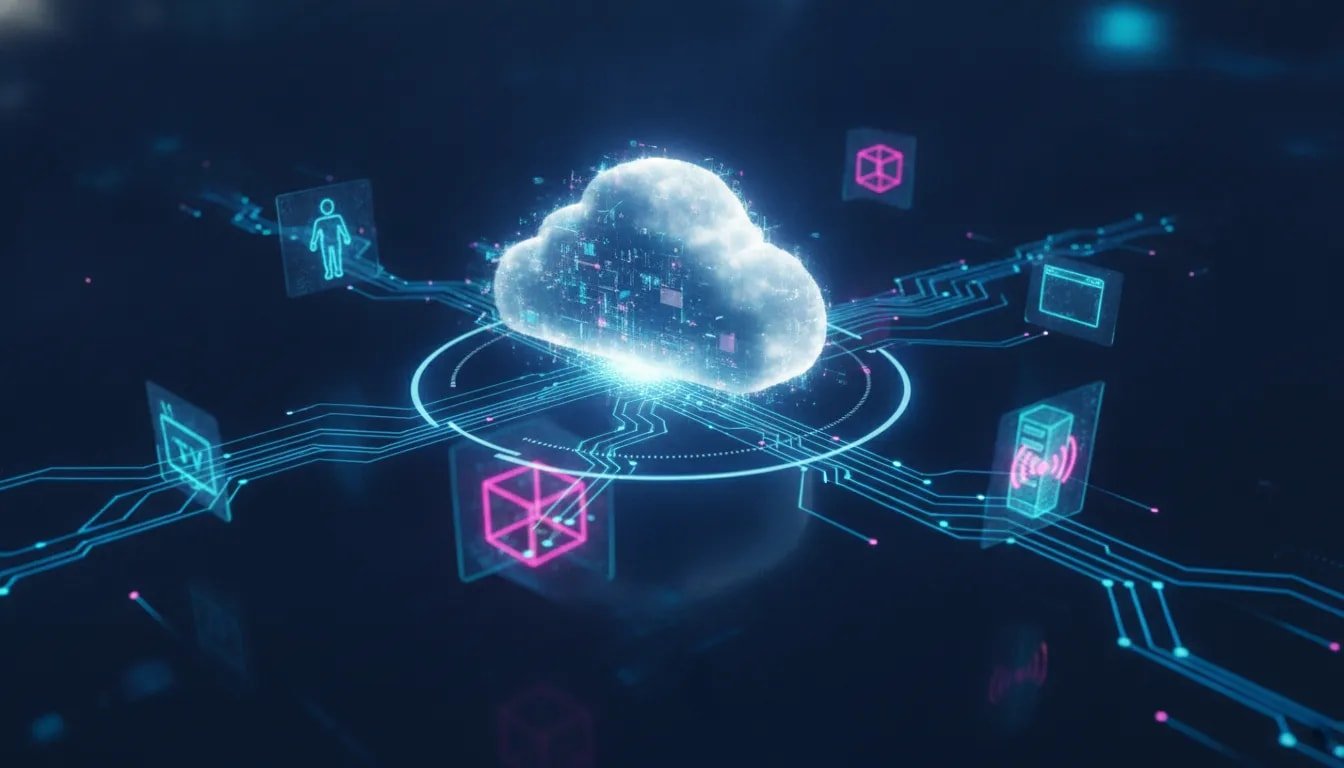 Futuristic cloud computing scene symbolizing Claude Fable 5 and a supercomputer running AI apps, agents, games, and servers continuously, with continuous looping motion effects and holographic tech icons.