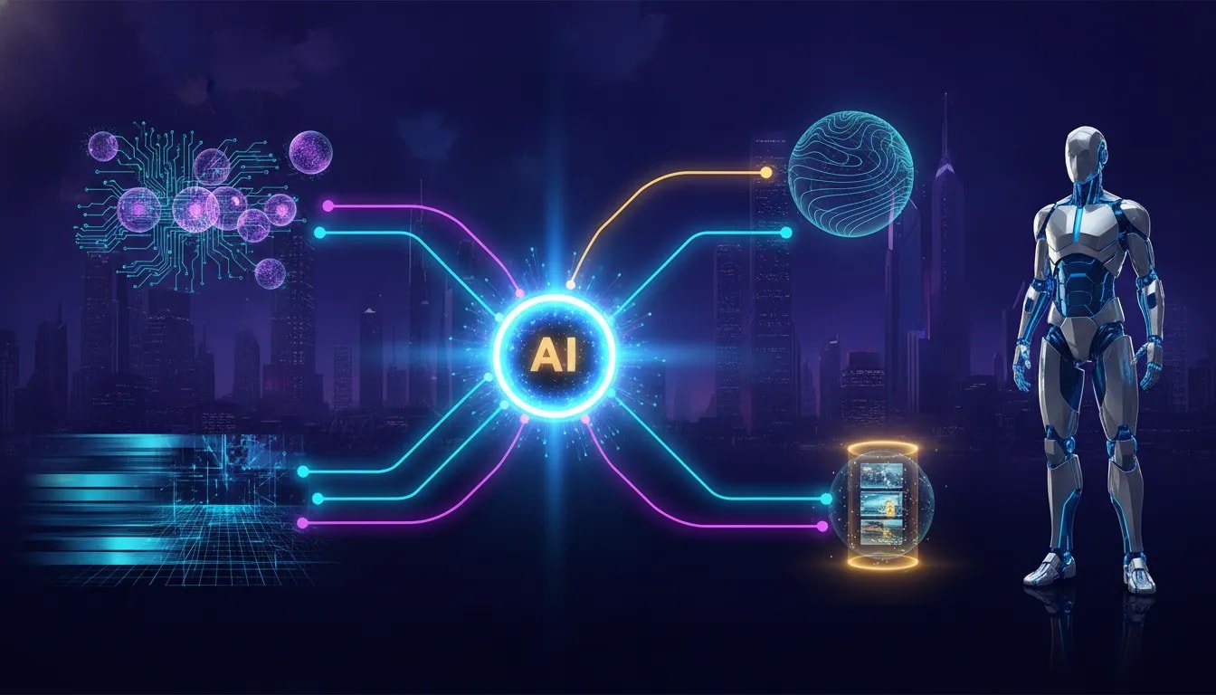 Futuristic editorial illustration depicting rapid AI advancements across open models, real-time video to 3D environments, persistent-memory agents, geospatial prediction, and humanoid robotics.