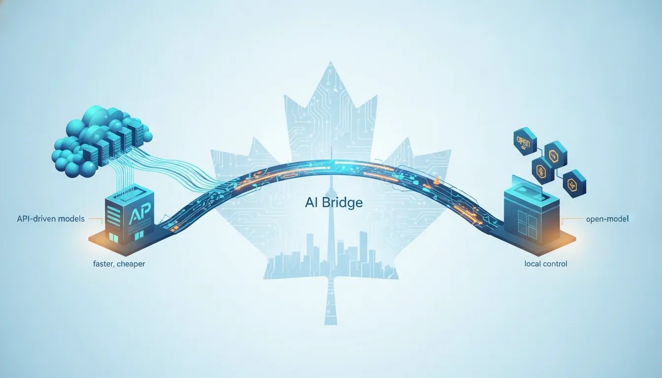 Wordless illustration of cloud APIs and local AI models connected by a glowing data bridge, with a subtle maple-leaf circuit pattern representing Canadian business AI choices.