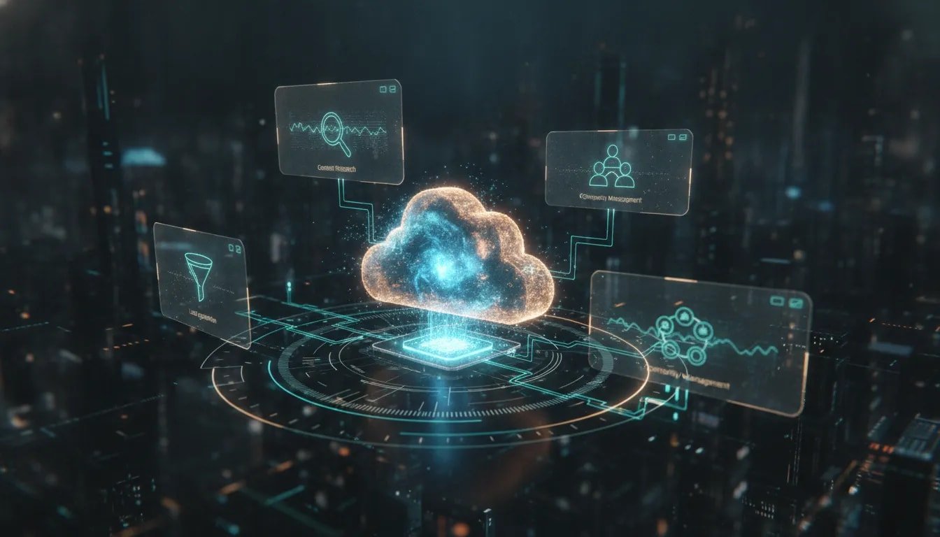 Futuristic holographic cloud computer core with linked automation modules representing 24/7 AI operations for business tasks, shown with flowing light connections and circuit effects.