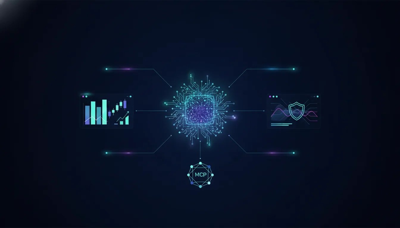 Illustration of an AI trading assistant connected to portfolio analytics, live market data, and risk/order workflows via server and network connections, with abstract stock and options visuals and no text.