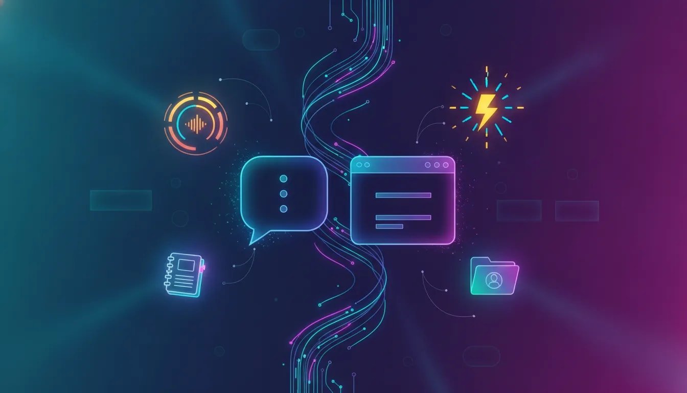Futuristic illustration of two AI assistants connected by glowing holographic circuits, with visual cues for voice, notebook, and browser automation—no text.