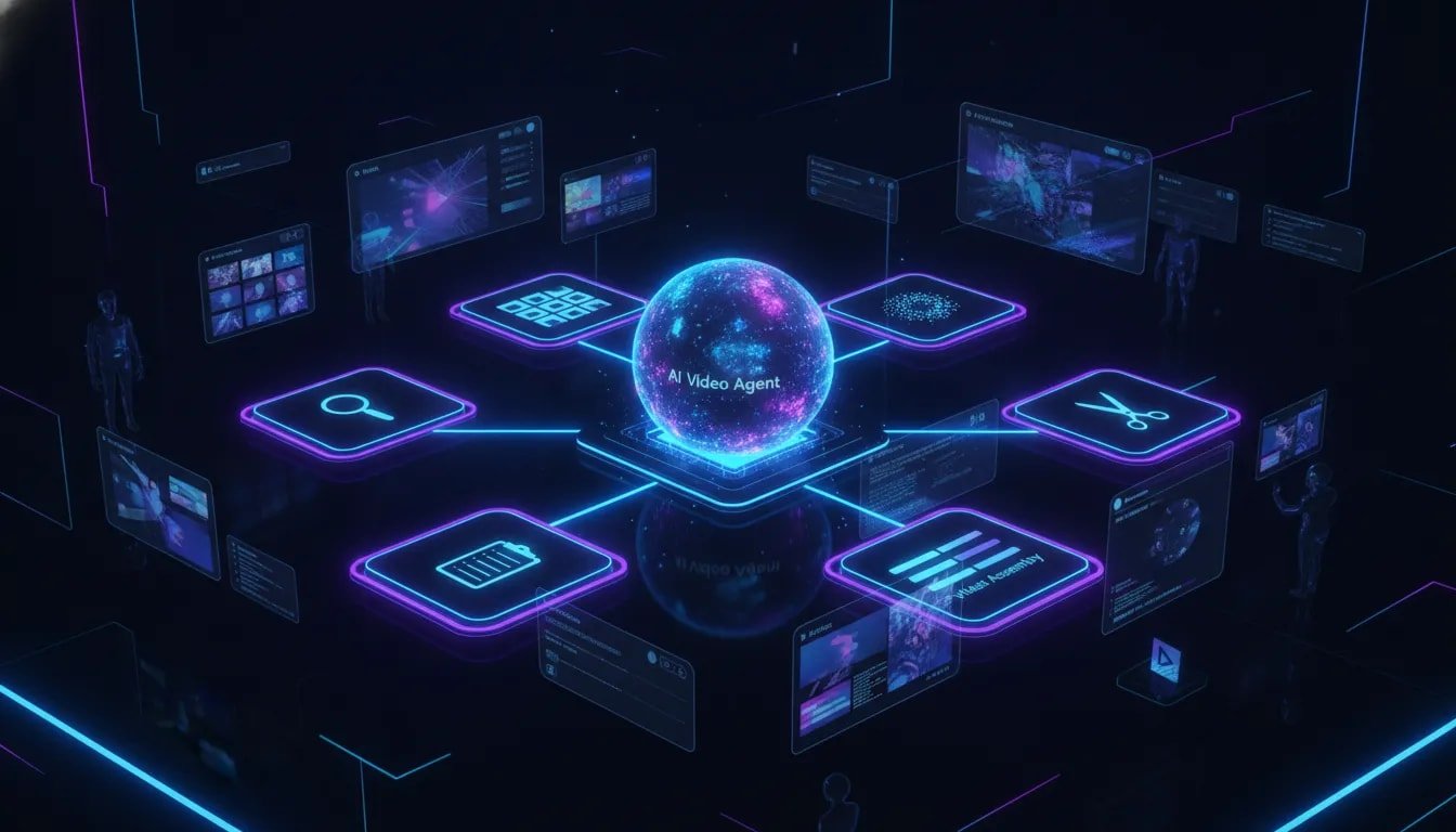 Futuristic illustration of an AI video agent workflow in a single connected workspace, showing planning, storyboard, asset generation, video assembly, and editing in a unified visual system with no text.