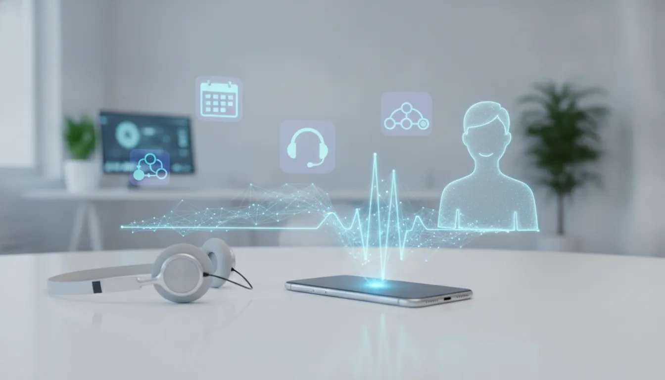 Futuristic office scene showing a smartphone and headset with glowing AI voice waveforms and holographic scheduling and support icons representing an AI phone agent