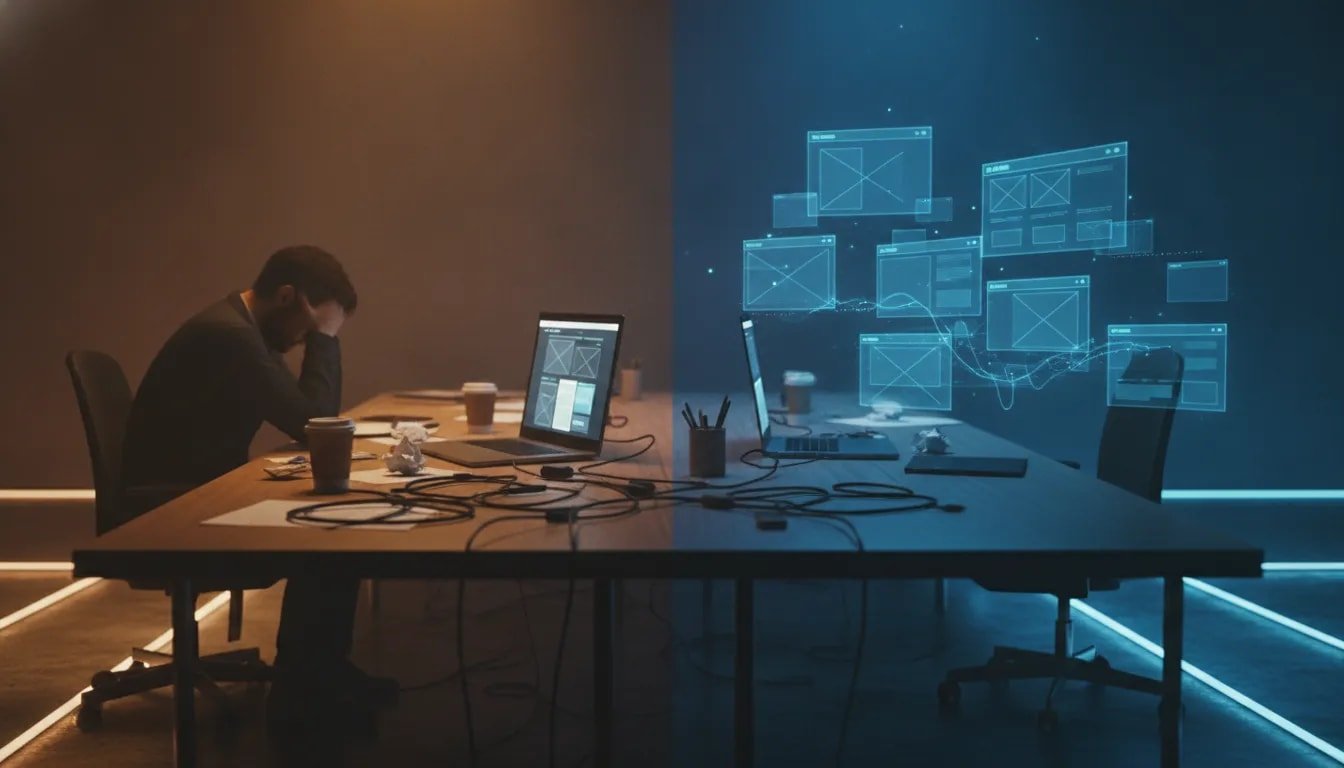 Split-scene concept of traditional manual website building versus AI rapidly assembling a modern service business website.