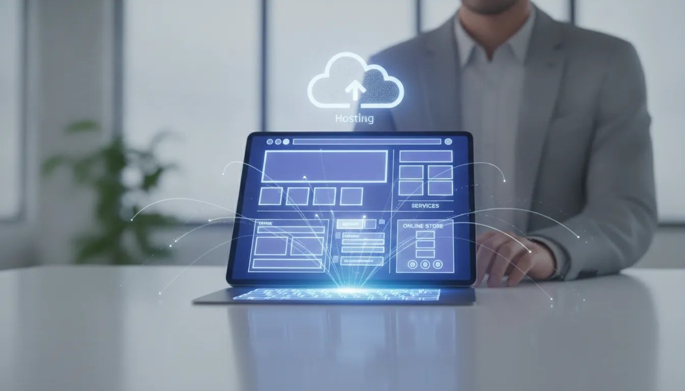 Illustration of a person using an AI website builder on a laptop, generating a live website layout with cloud hosting cues and no-code visual metaphors