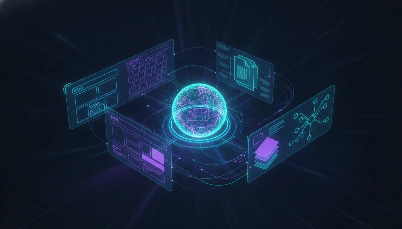 Futuristic holographic hub showing an all-in-one AI agent connecting website, content plan, research, pitch deck, and automation modules.
