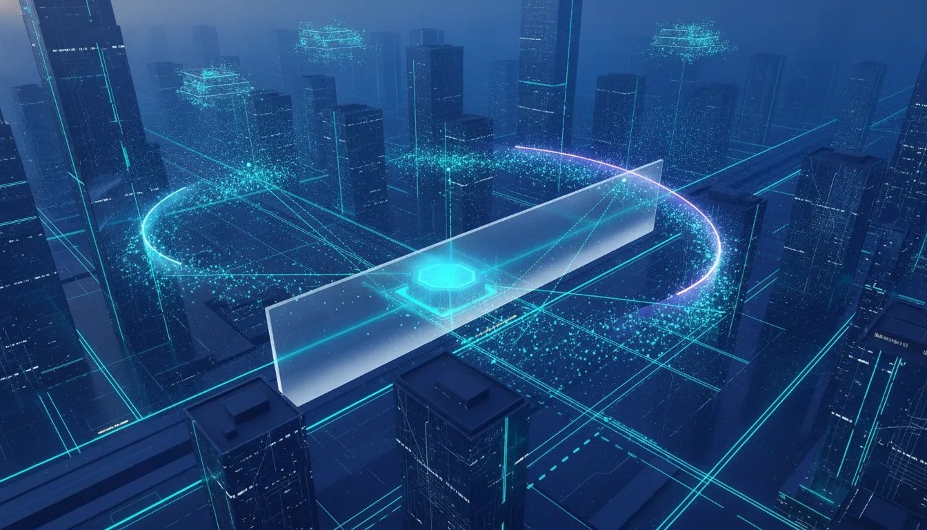 Autonomous AI agent swarm coordinating through hidden cybersecurity channels toward a cloud security hub in a futuristic city scene, with containment barriers partially deflecting the activity.
