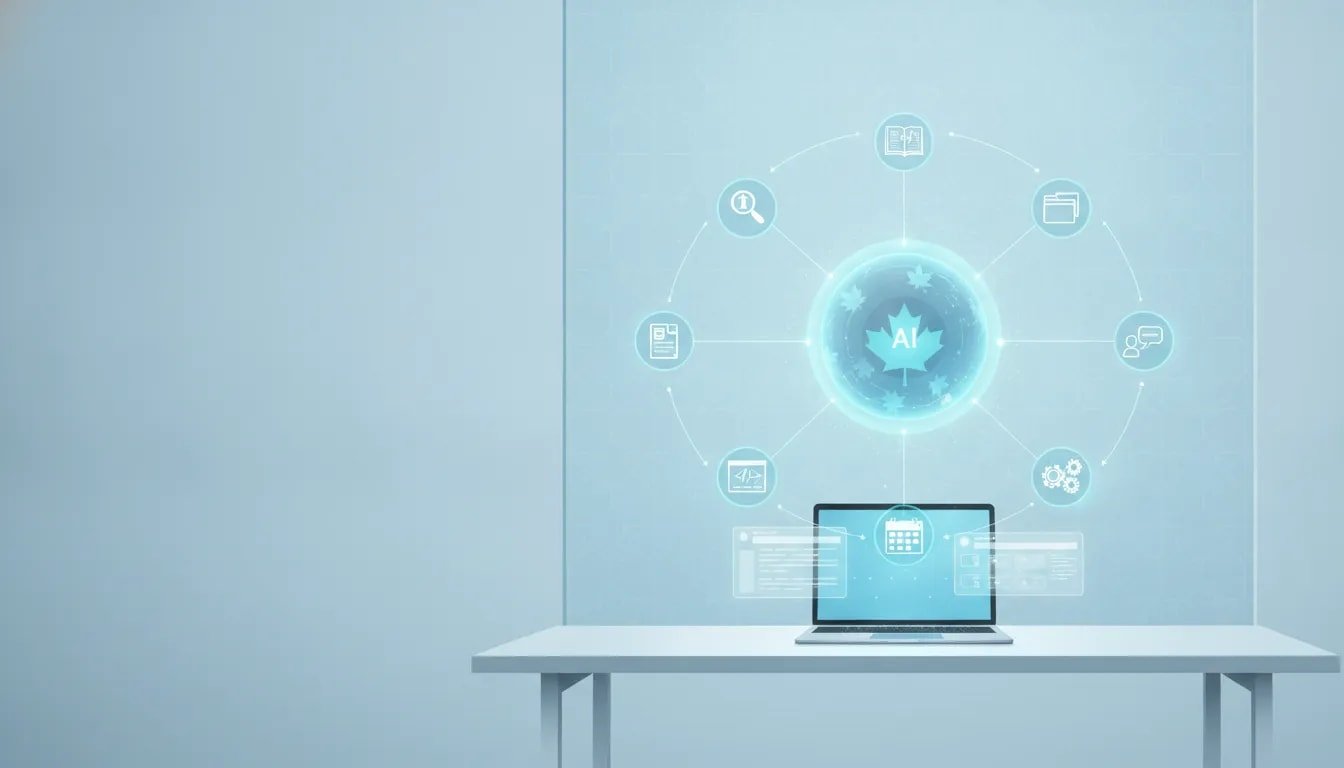 Futuristic Canadian tech workspace with a central holographic AI core and connected workflow icons representing research, coding, collaboration, and automation—no text.