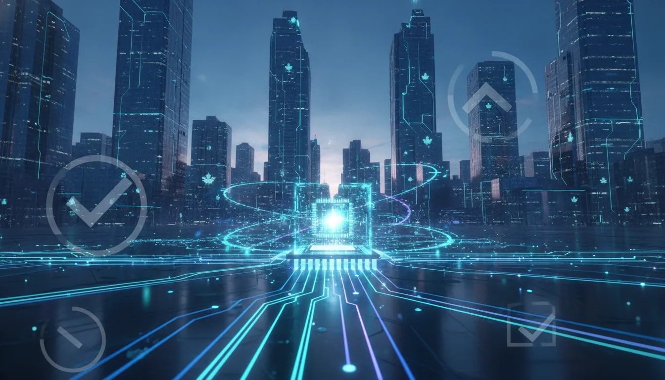 Futuristic Canadian skyline with holographic AI networks and translucent trust layers symbolizing ultrafast, transparent, open-model business technology.