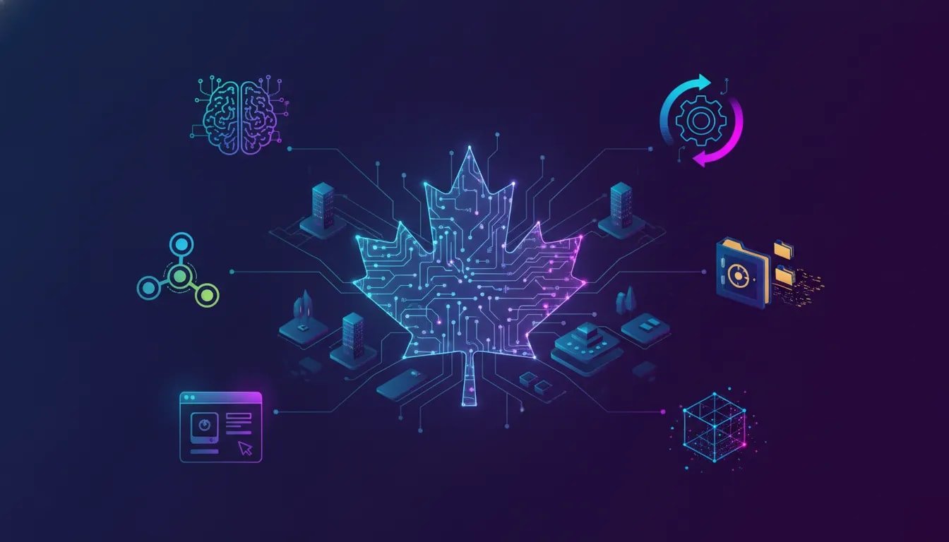 Wordless illustration of Canada’s open-source AI ecosystem with six connected technology clusters symbolizing AI, automation, collaboration, knowledge management, browser control, and 3D asset creation.