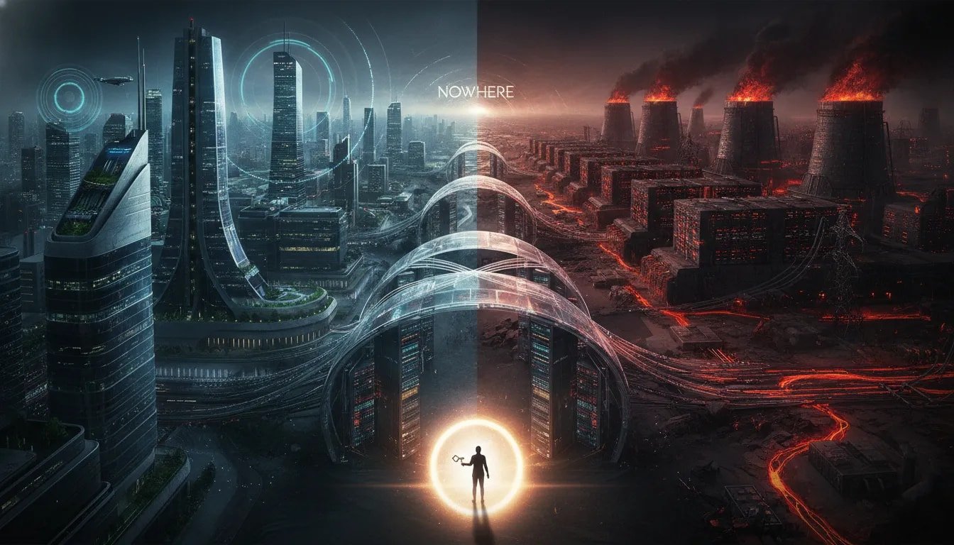 Conceptual illustration showing a divide between access to large-scale AI compute and energy infrastructure, with a bridge of glowing server racks toward a bright future in a Canada-inspired tech setting.
