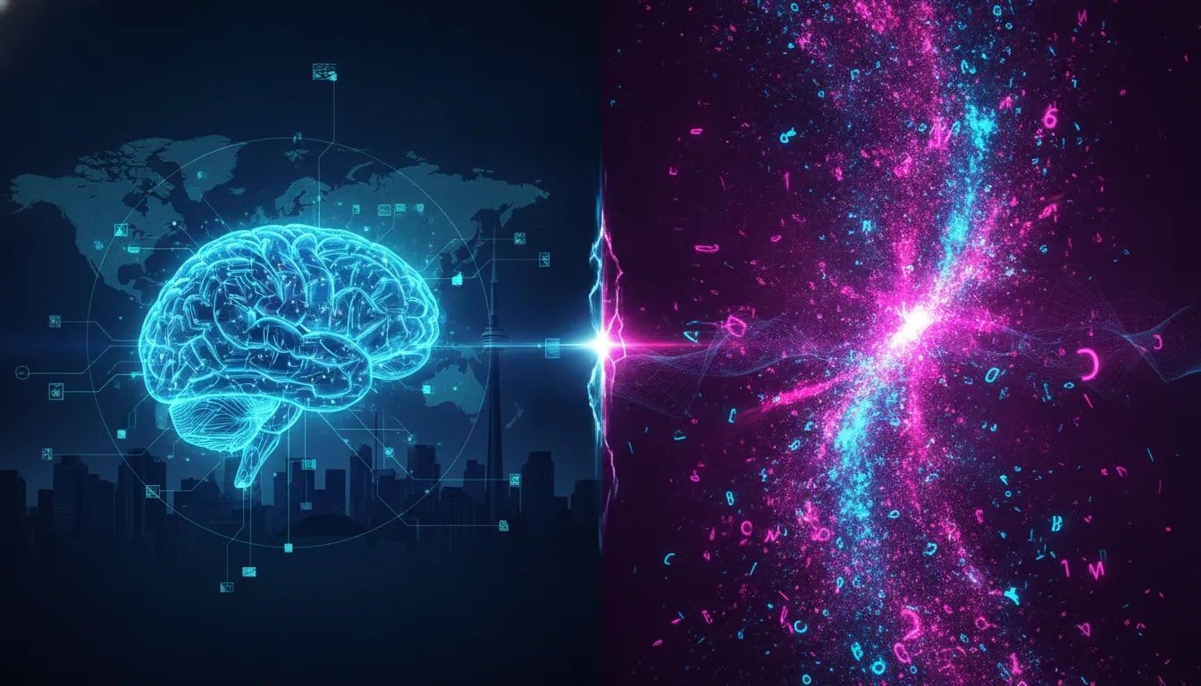 Conceptual image illustrating AI disruption and global technology competition over a futuristic Canadian tech landscape with glowing circuit pathways and a swirling data storm.