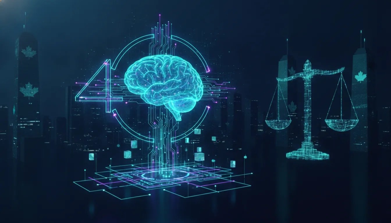 Abstract futuristic Canadian tech editorial illustration showing an AI upgrade for coding, agentic workflows, and knowledge analysis with holographic circuit and light elements, no text.