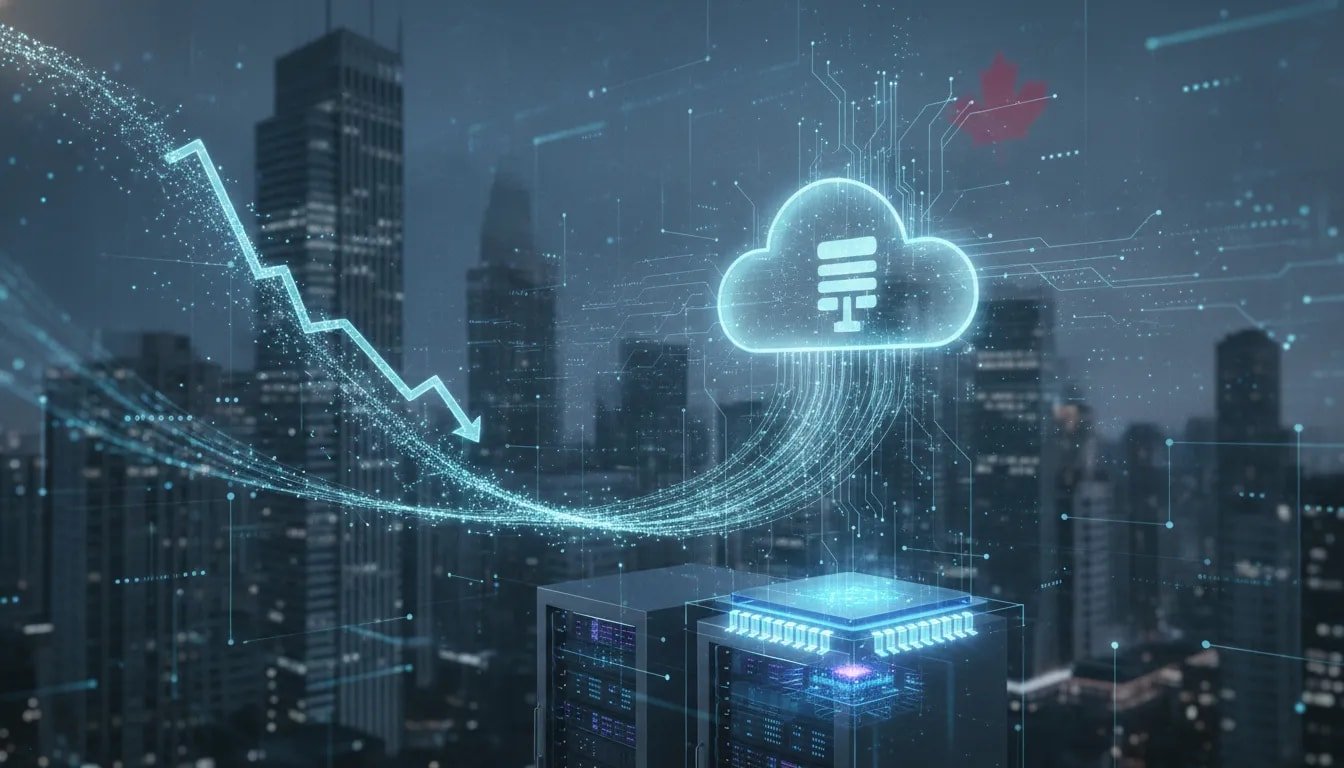 Futuristic Canadian skyline with holographic server racks and flowing AI circuitry symbolizing open-weights model pricing disruption.
