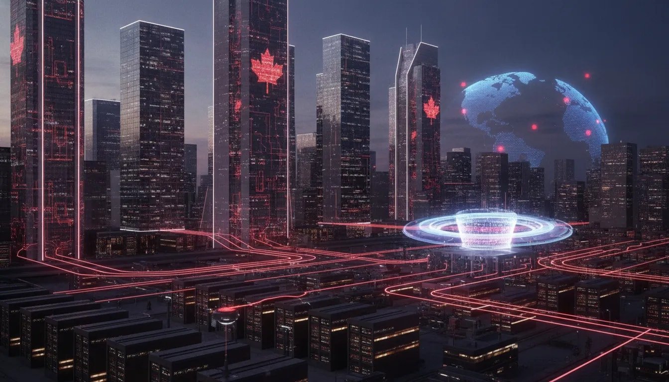 Canadian tech concept image showing open-source AI with a holographic neural-network model connecting data centers and futuristic circuitry in a dusk city skyline