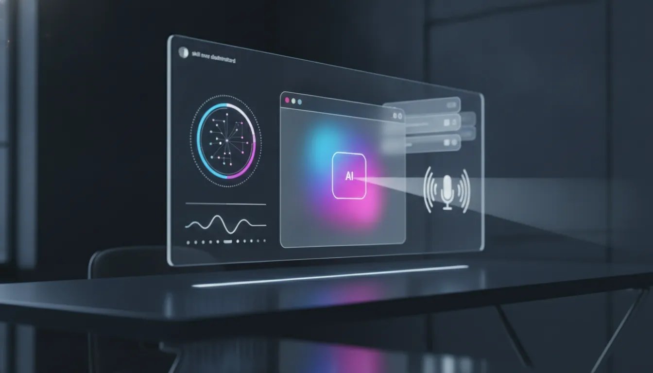 Futuristic illustration of a glowing AI hologram with browser, automation, skill recording, and voice-wave elements symbolizing new ChatGPT updates