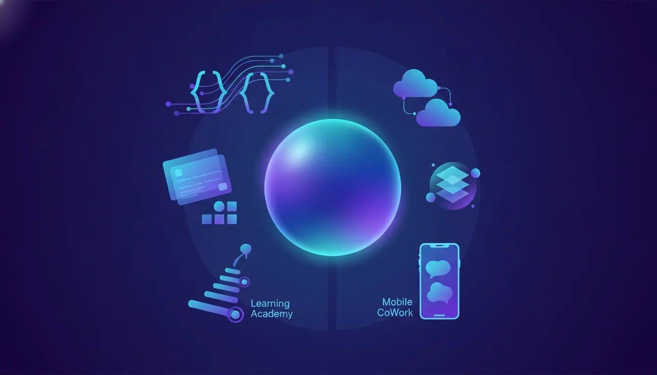 Futuristic illustration of an AI core surrounded by visual symbols for code, design, cloud connectors, memory management, learning, and mobile work—no text.