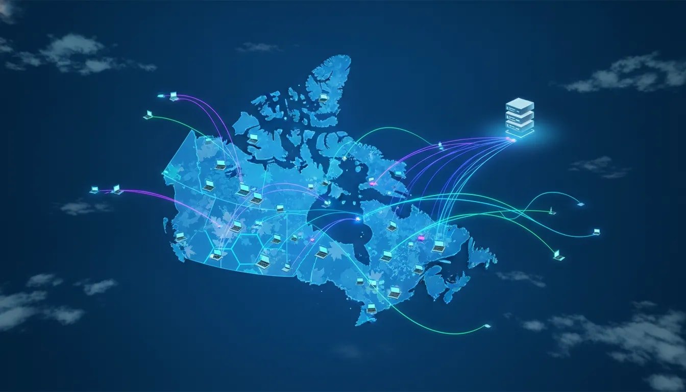 Illustration of a distributed peer-to-peer AI network across Canada, connecting home and office computers with glowing nodes and links, contrasted with a minimal data center icon in the background.