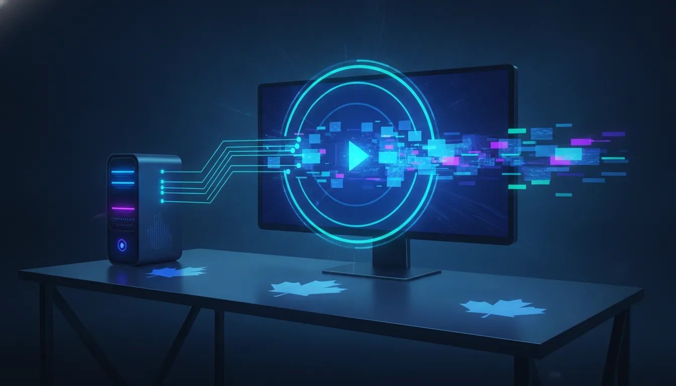 Futuristic Canadian tech workstation with local AI compute nodes streaming glowing video frames into a smooth high-speed output, representing LTX 2.5 in ComfyUI