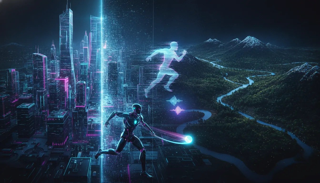 Cinematic futuristic scene showing a robot athlete, holographic real-time AI world generation, and 4D human reconstruction effects—no text.
