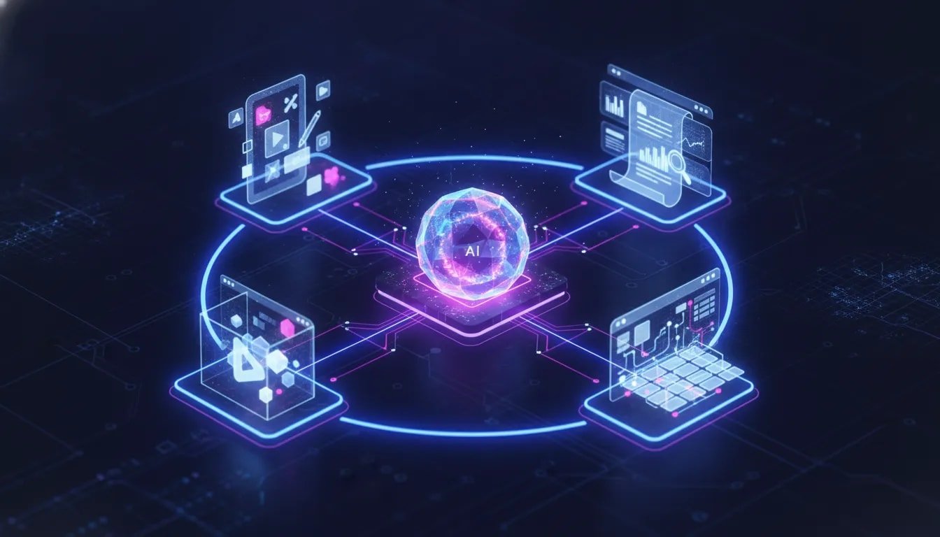 Futuristic holographic AI system showing data streams connecting notebook, document analysis, interactive 3D game, and spreadsheet canvas dashboard icons—representing Google Gemini 3.7 Flash and related use cases.