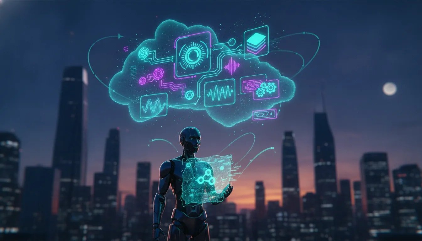 Futuristic AI-themed illustration with holographic network connections, robot silhouette, and multimedia light effects over a Canadian city skyline at dusk.