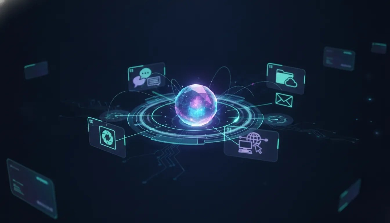 Futuristic holographic interface showing connected messaging, cloud, email, image generation, and computer control capabilities with glowing icons on a dark tech background.