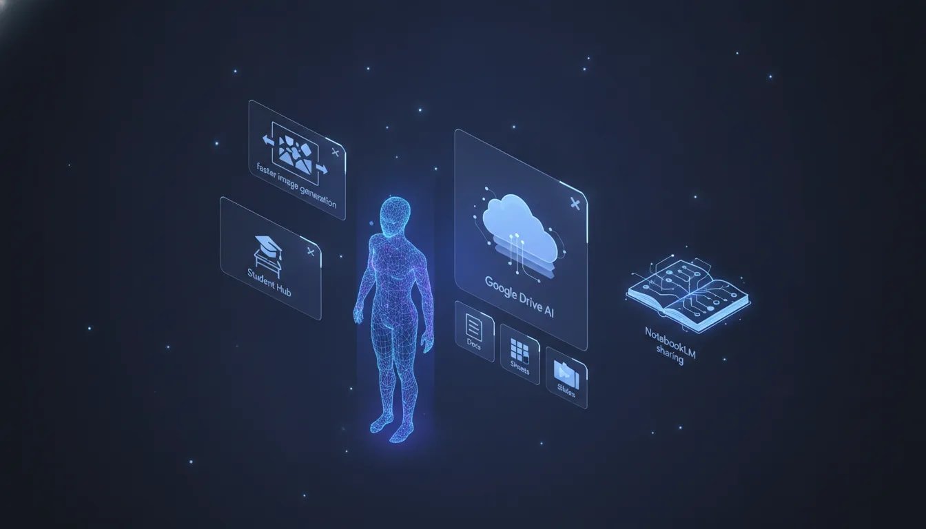 Futuristic illustration showing an AI assistant integrated with learning and productivity tools, with holographic icons representing document, spreadsheet, presentation, cloud storage, and notebook sharing.