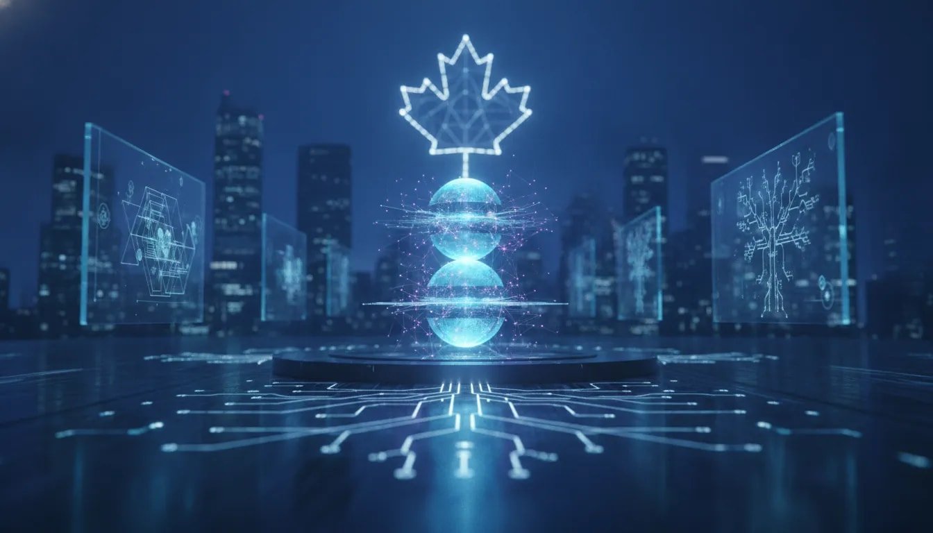 Futuristic holographic math and computing visualization showing glowing geometric sphere-packing forms and logic-like network pathways with a subtle light-maple silhouette, no text.