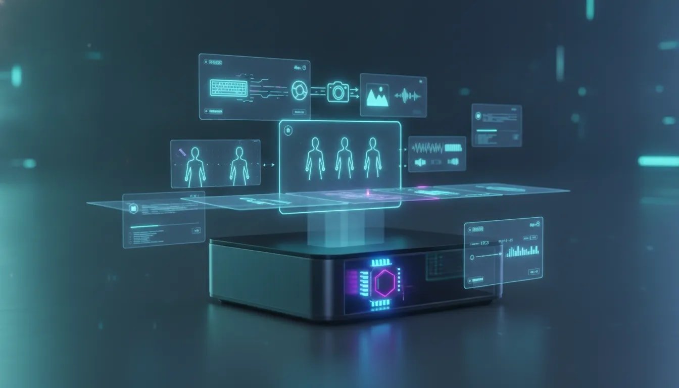 Futuristic illustration of a local computer workstation generating AI video with holographic scene layers, waveform audio visualization, and consistent character frames—no text.